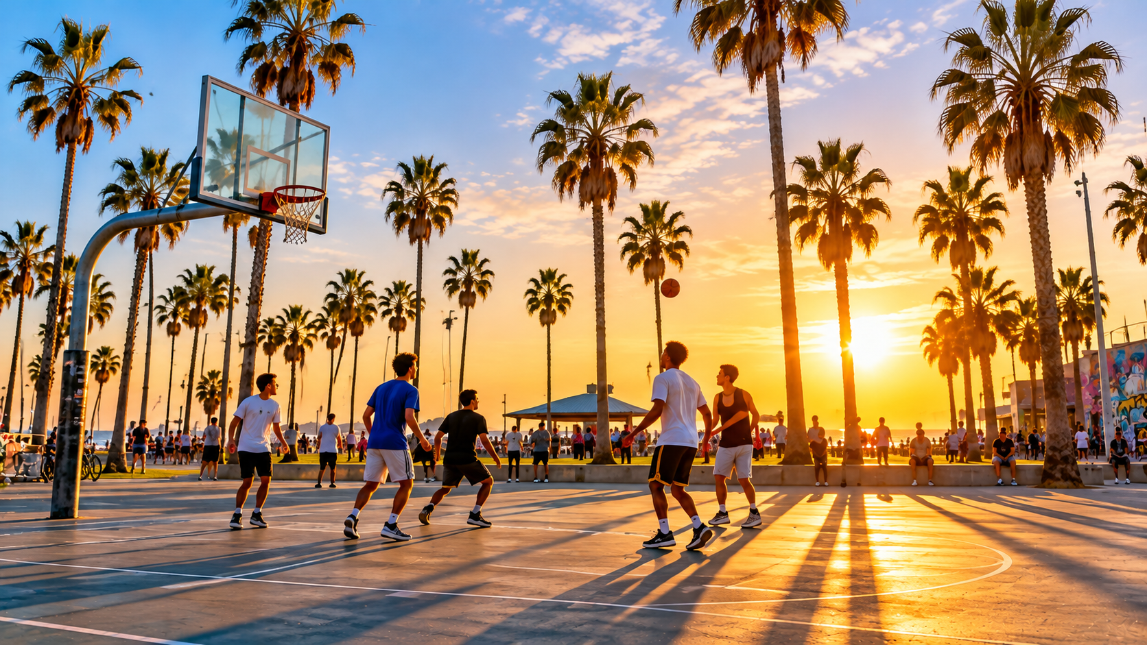 basket ball à venice beach au coucher du soleil